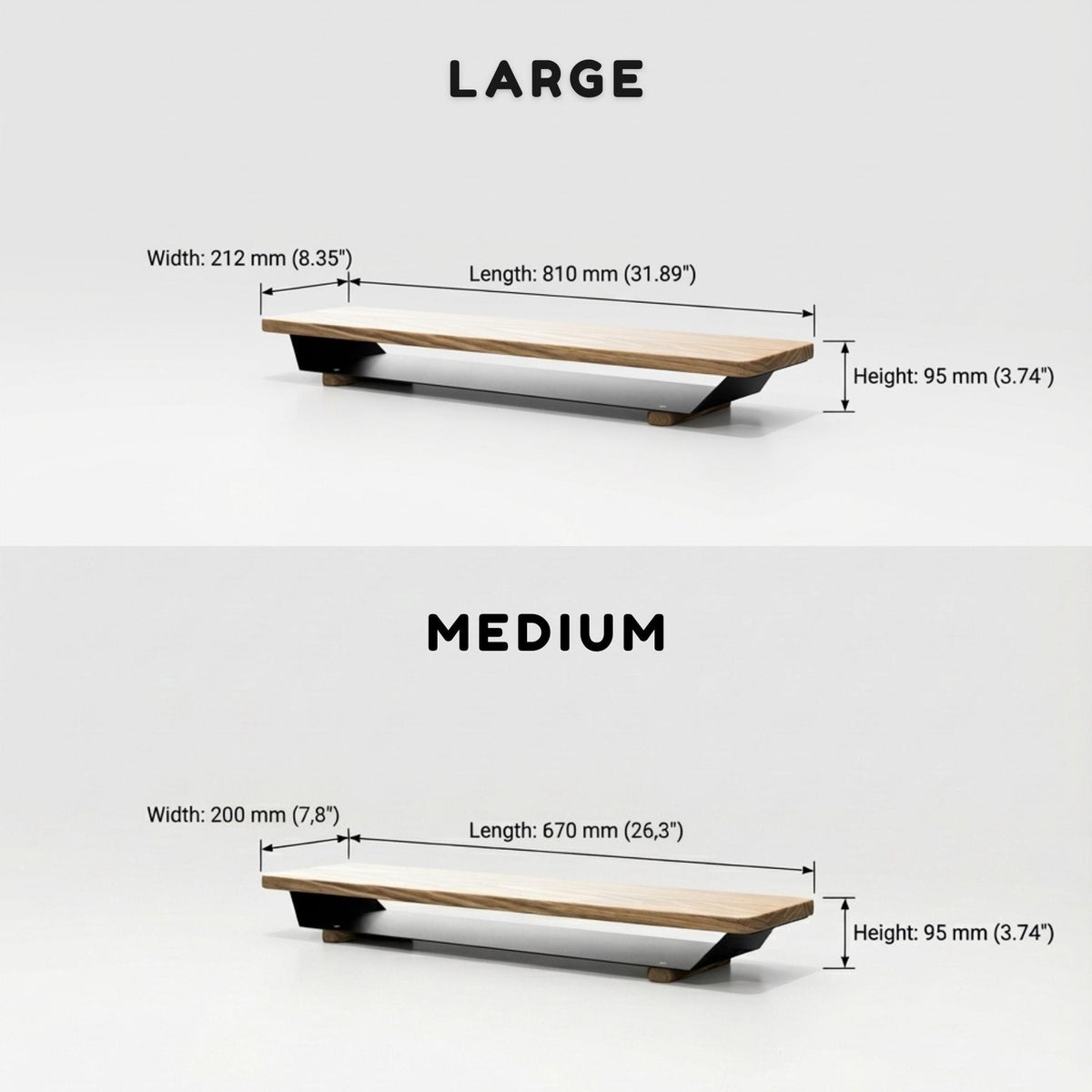Solid Oak Monitor Stand Riser with Storage Shelf - Large Modern Desk Organizer - Black or White Base