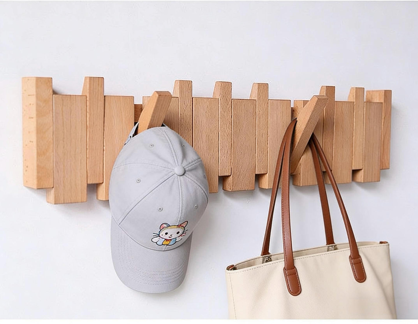 Solid Walnut Piano Key Wall Coat Rack with Magnetic Hooks