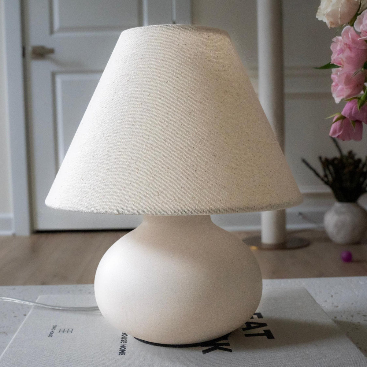 Small Cream Ceramic Table Lamp with Fabric Shade & Dimmable Light