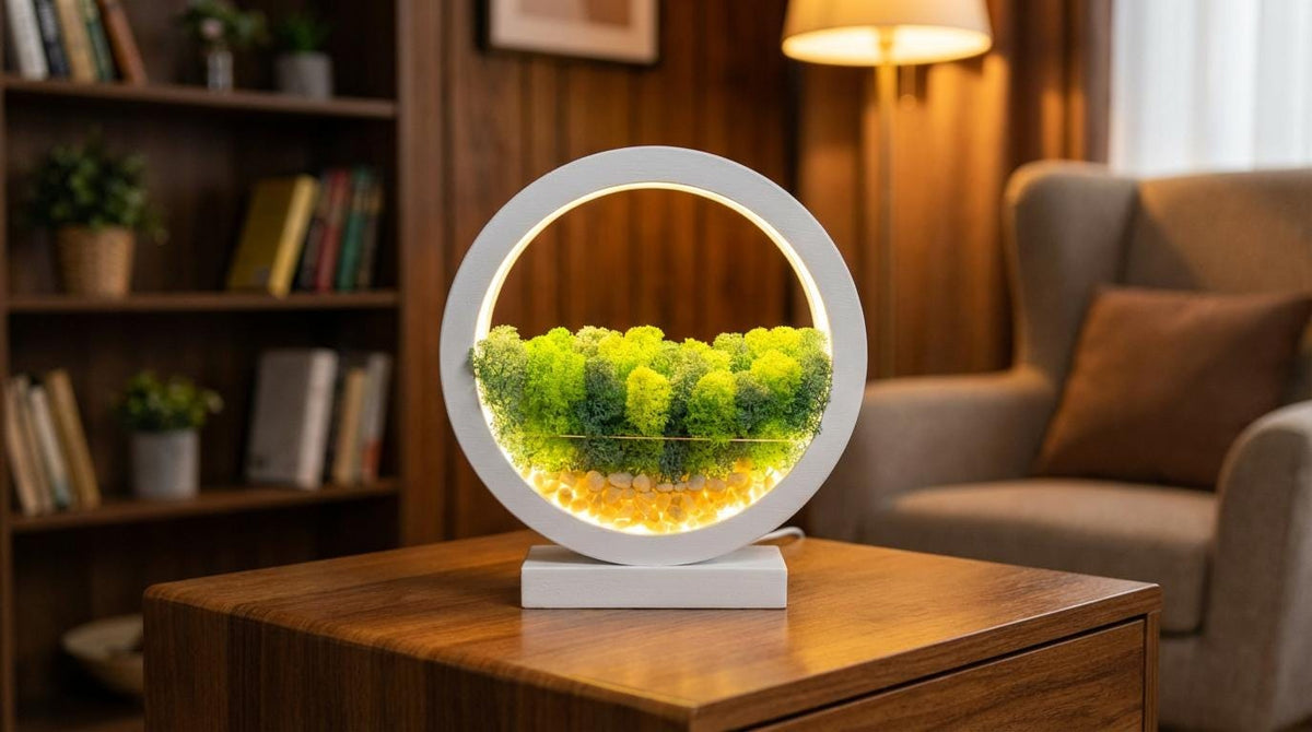 Round Wood Table Lamp with Preserved Moss |  Scandinavian Night Light | Biophilic Decor