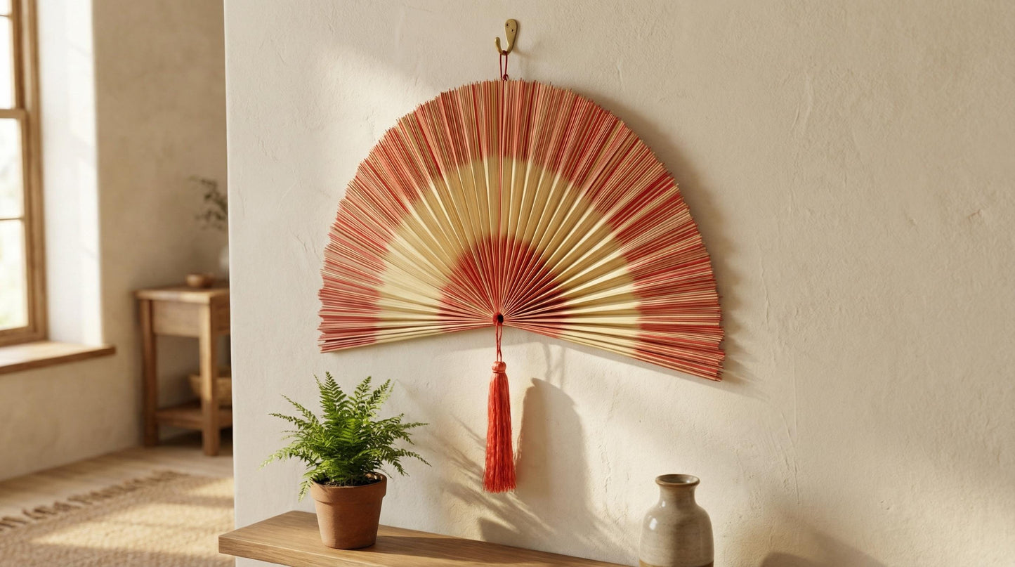 Handwoven Bamboo Wall Fan with Pink Tassel Decor