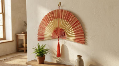 Handwoven Bamboo Wall Fan with Pink Tassel Decor