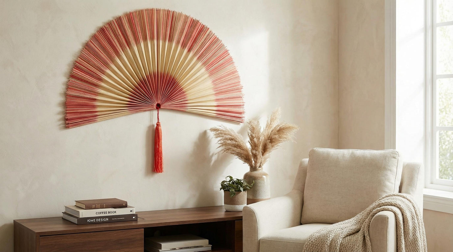 Handwoven Bamboo Wall Fan with Pink Tassel Decor