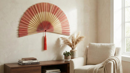 Handwoven Bamboo Wall Fan with Pink Tassel Decor