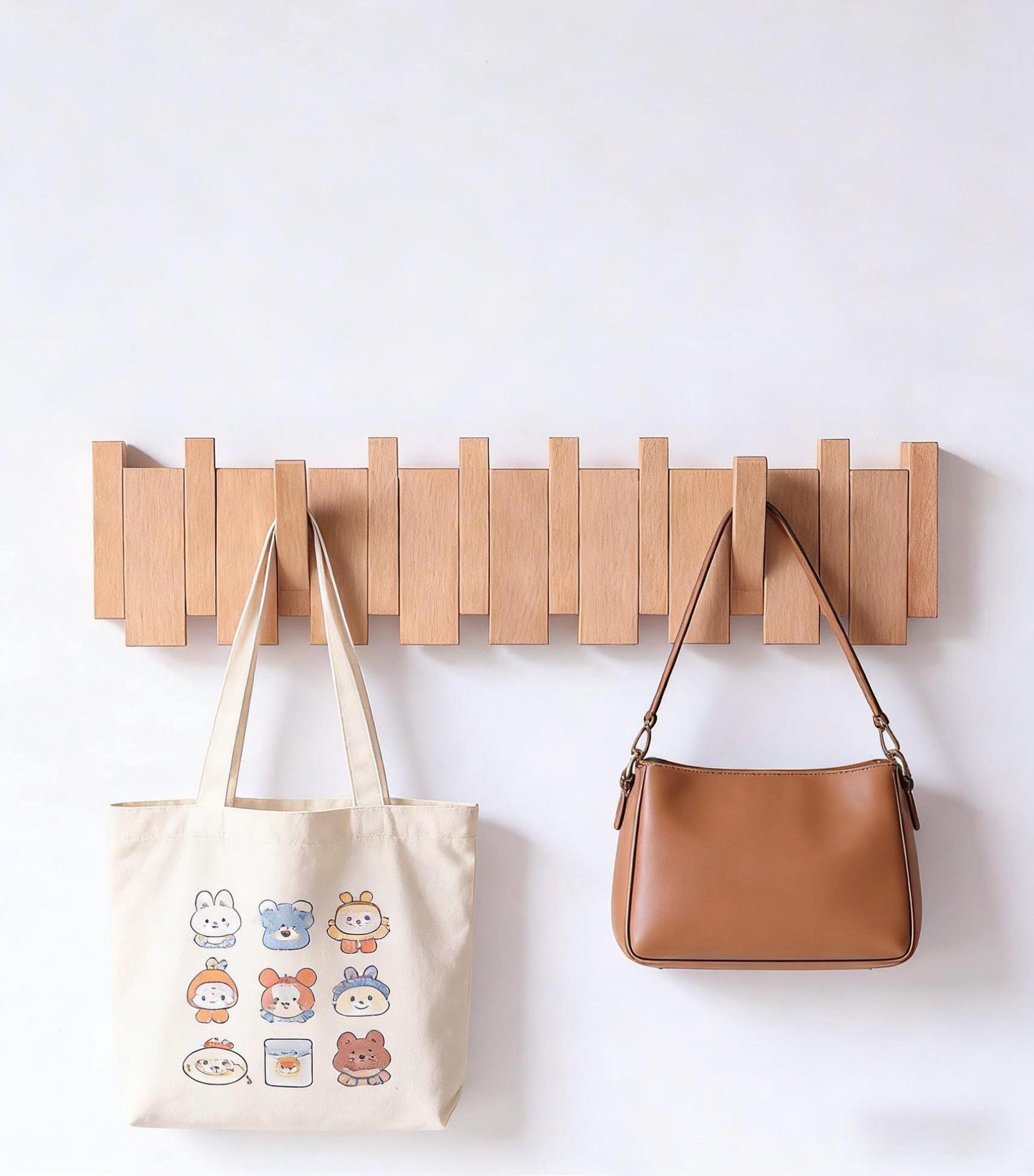 Solid Walnut Piano Key Wall Coat Rack with Magnetic Hooks