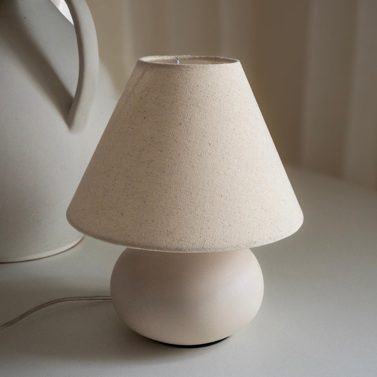 Small Cream Ceramic Table Lamp with Fabric Shade & Dimmable Light