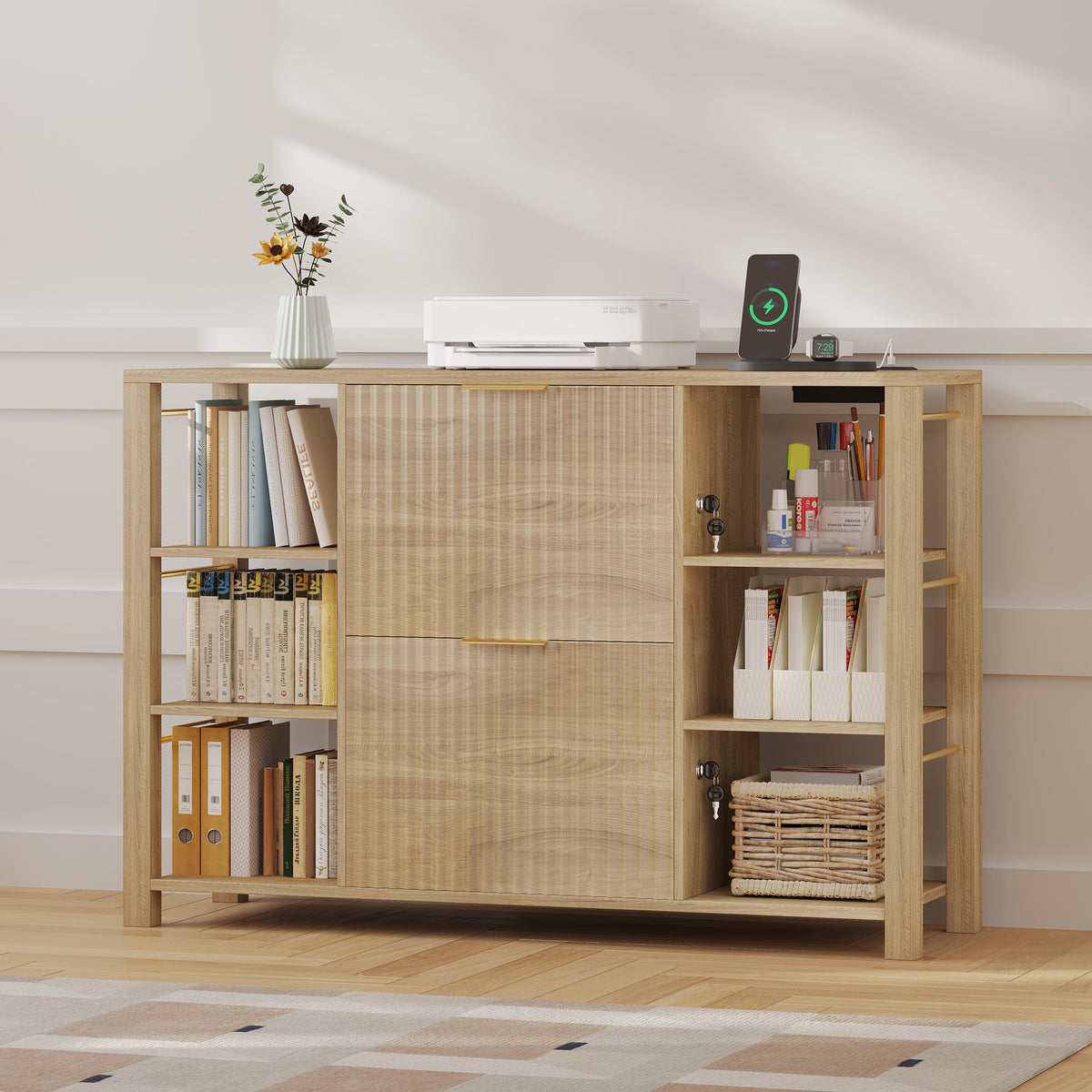 Fluted Home Office File Cabinet with Charging Station & Locks