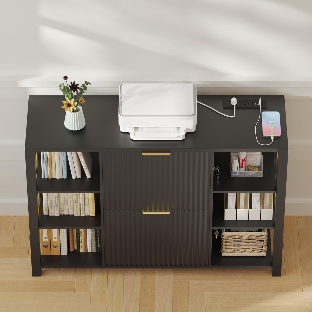 Fluted Home Office File Cabinet with Charging Station & Locks