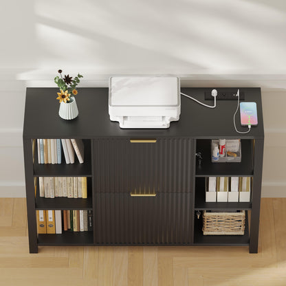 Fluted Home Office File Cabinet with Charging Station & Locks