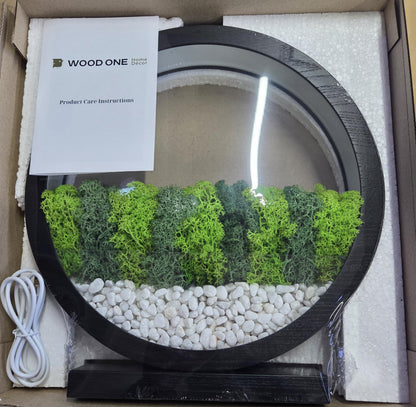Round Wood Table Lamp with Preserved Moss |  Scandinavian Night Light | Biophilic Decor