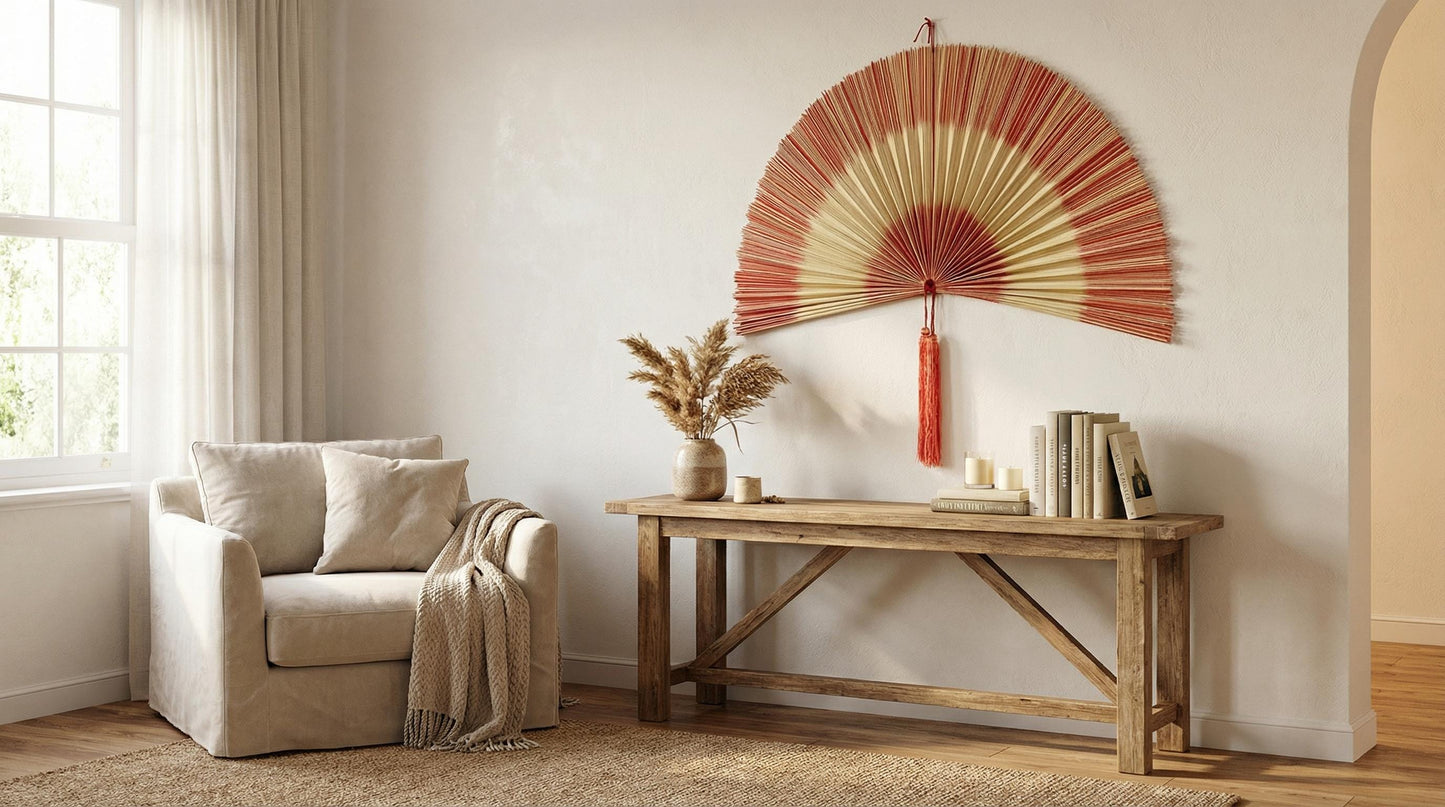 Handwoven Bamboo Wall Fan with Pink Tassel Decor