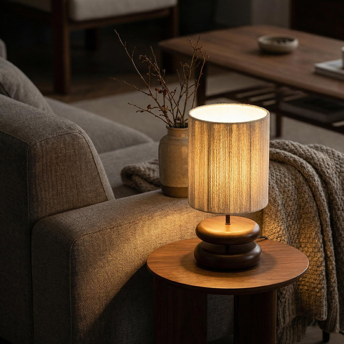 Wabi Sabi Walnut Table Lamp – Solid Wood Japanese Bedside Light, Minimalist Decor