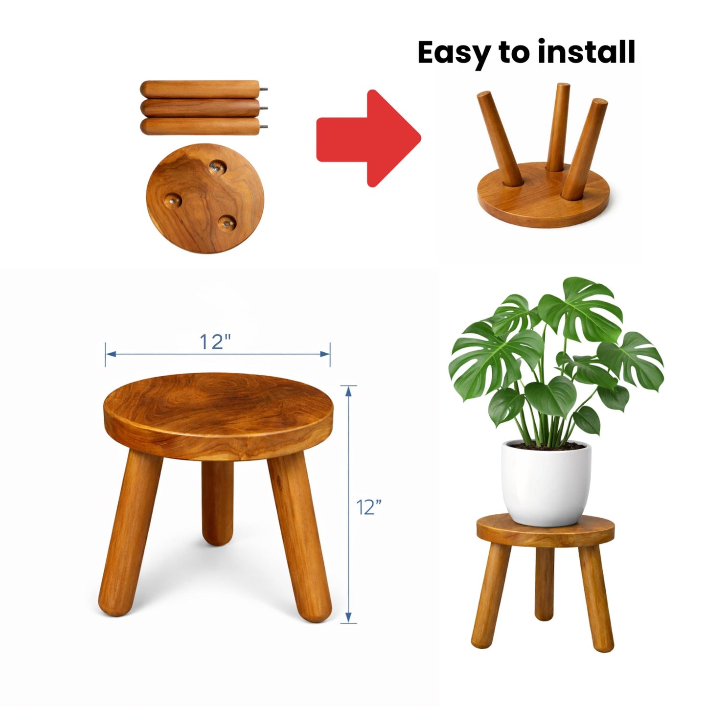 Handmade Teak Plant Stand – Round Wooden Stool for Indoor Plants