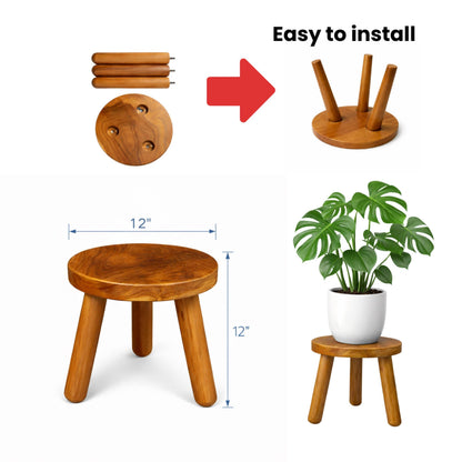 Handmade Teak Plant Stand – Round Wooden Stool for Indoor Plants