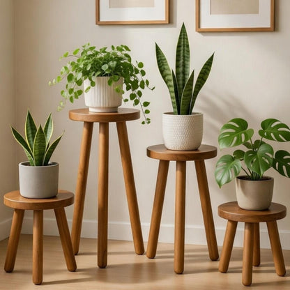 Handmade Teak Plant Stand – Round Wooden Stool for Indoor Plants