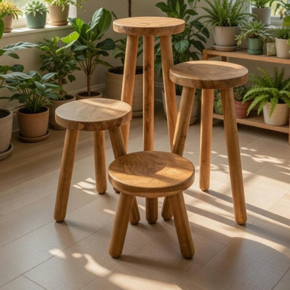 Handmade Teak Plant Stand – Round Wooden Stool for Indoor Plants
