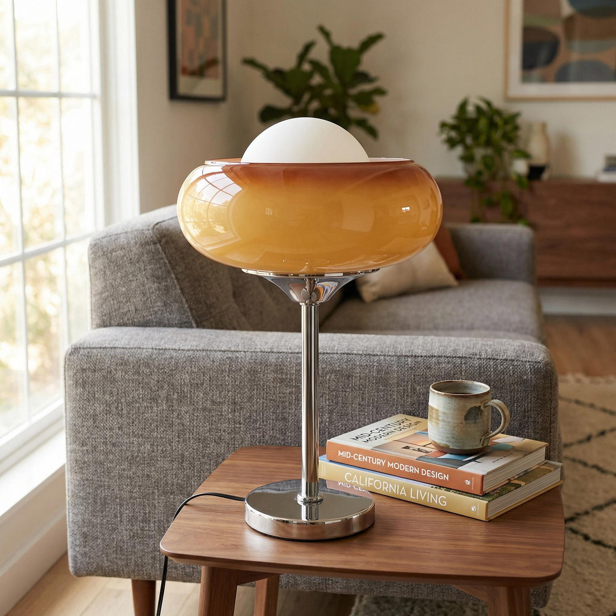 Vintage Orange Glass Desk Lamp with Chrome Base – Mid-Century Modern Lighting