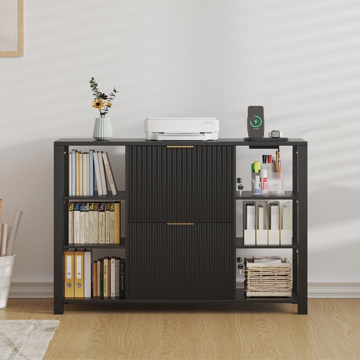 Fluted Home Office File Cabinet with Charging Station & Locks