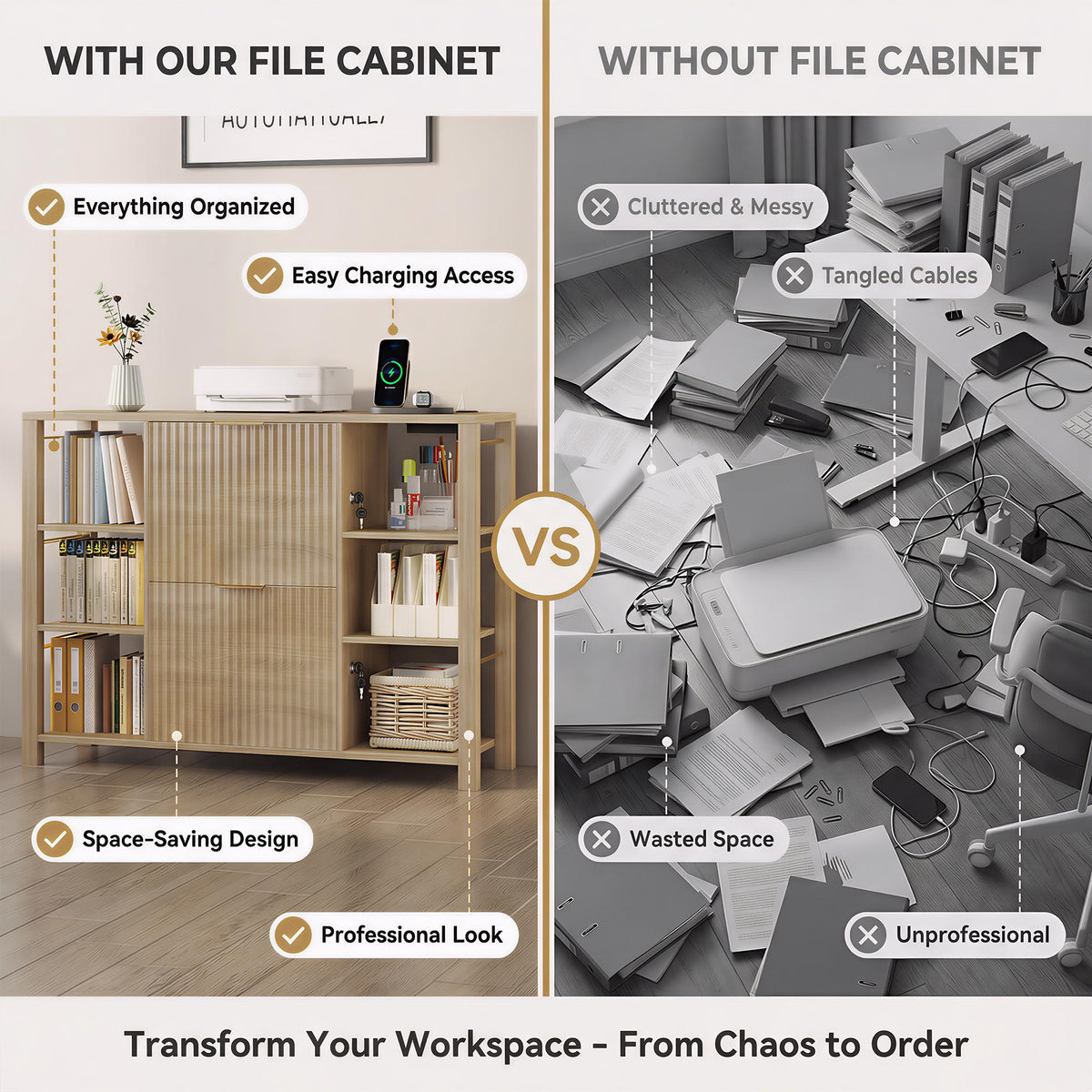 Fluted Home Office File Cabinet with Charging Station & Locks
