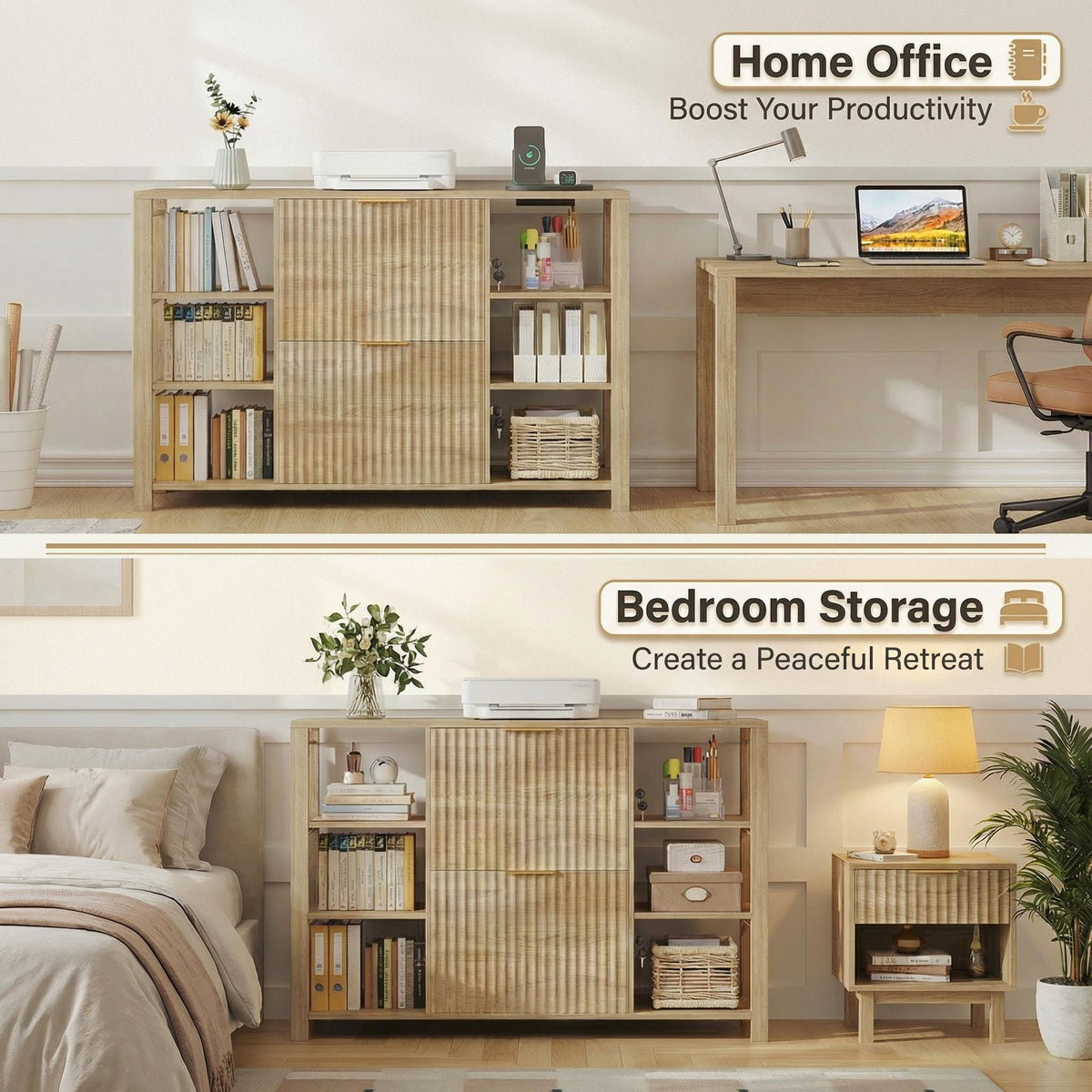 Fluted Home Office File Cabinet with Charging Station & Locks