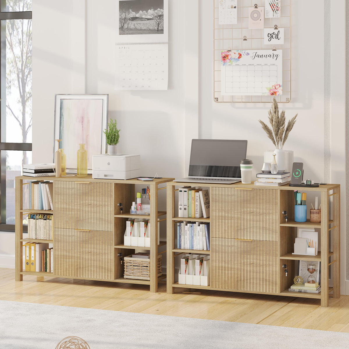 Fluted Home Office File Cabinet with Charging Station & Locks