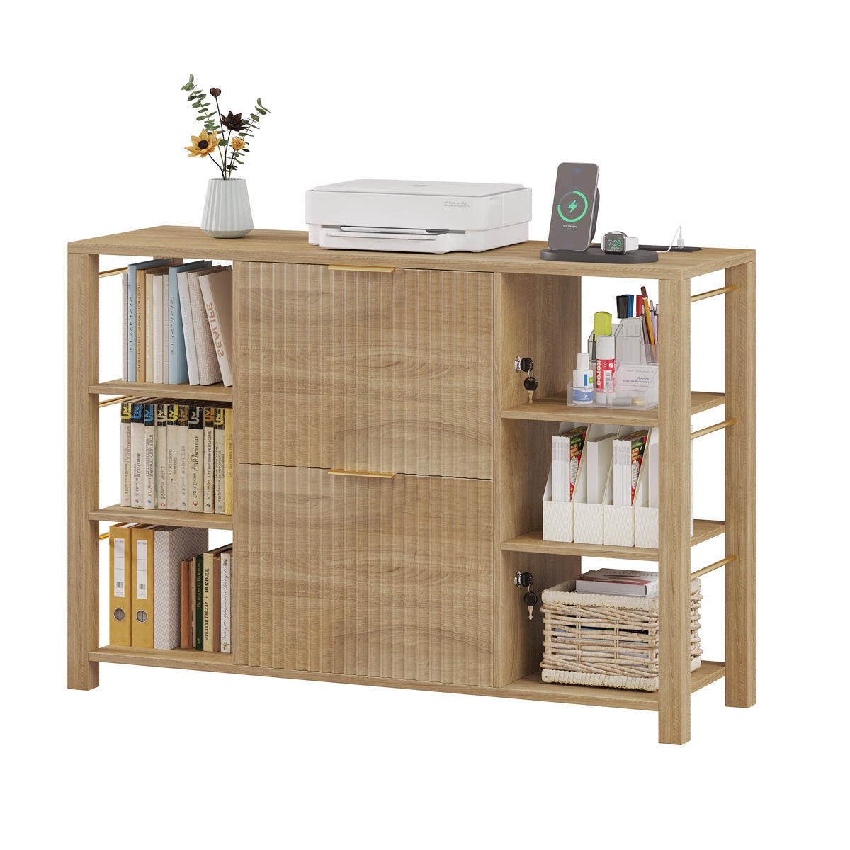 Fluted Home Office File Cabinet with Charging Station & Locks