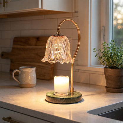 Vintage Marble Candle Warmer Lamp, Lily Glass Shade, Gold Frame, Aromatherapy Wax Melter