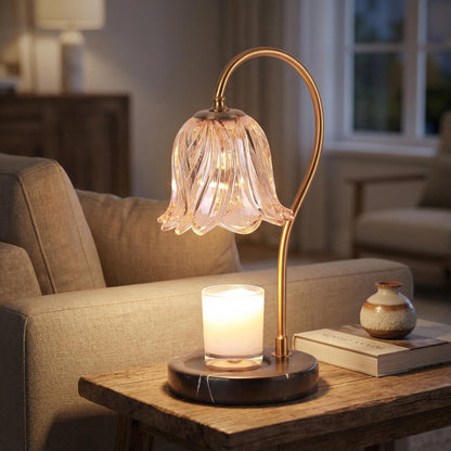 Vintage Candle Warmer Lamp with Lily Glass Shade & Marble Base