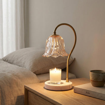 Vintage Candle Warmer Lamp with Lily Glass Shade & Marble Base