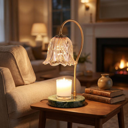 Vintage Candle Warmer Lamp with Lily Glass Shade & Marble Base