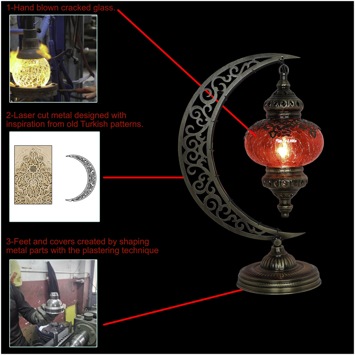 Turkish Crescent Table Lamp - Cracked Glass Design