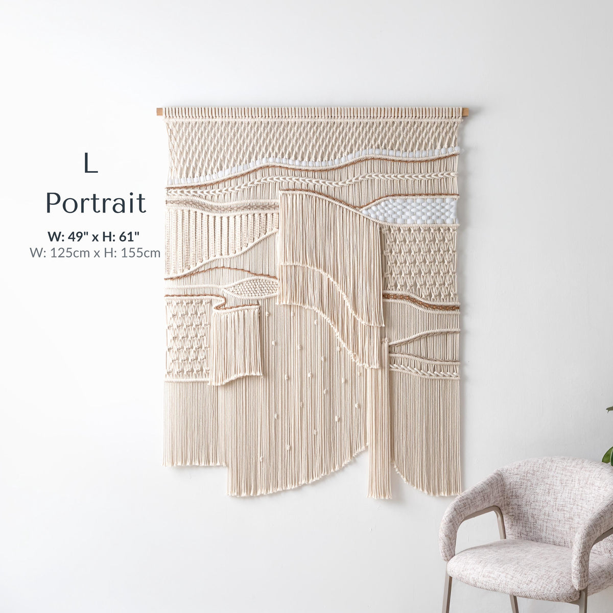 Extra Large Neutral Macrame Wall Art – Handmade Woven Tapestry with Teak Wood Bar, Textured Bohemian Wall Decor for Bedroom or Living Room