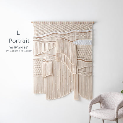 Extra Large Neutral Macrame Wall Art – Handmade Woven Tapestry with Teak Wood Bar, Textured Bohemian Wall Decor for Bedroom or Living Room