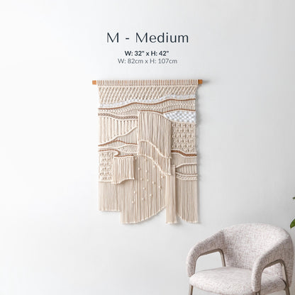 Extra Large Neutral Macrame Wall Art – Handmade Woven Tapestry with Teak Wood Bar, Textured Bohemian Wall Decor for Bedroom or Living Room
