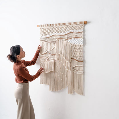 Extra Large Neutral Macrame Wall Art – Handmade Woven Tapestry with Teak Wood Bar, Textured Bohemian Wall Decor for Bedroom or Living Room