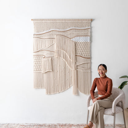 Extra Large Neutral Macrame Wall Art – Handmade Woven Tapestry with Teak Wood Bar, Textured Bohemian Wall Decor for Bedroom or Living Room