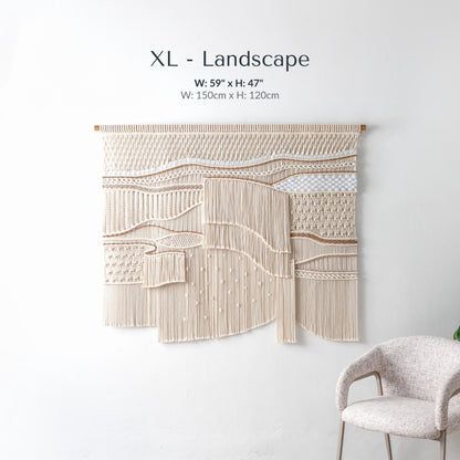 Extra Large Neutral Macrame Wall Art – Handmade Woven Tapestry with Teak Wood Bar, Textured Bohemian Wall Decor for Bedroom or Living Room