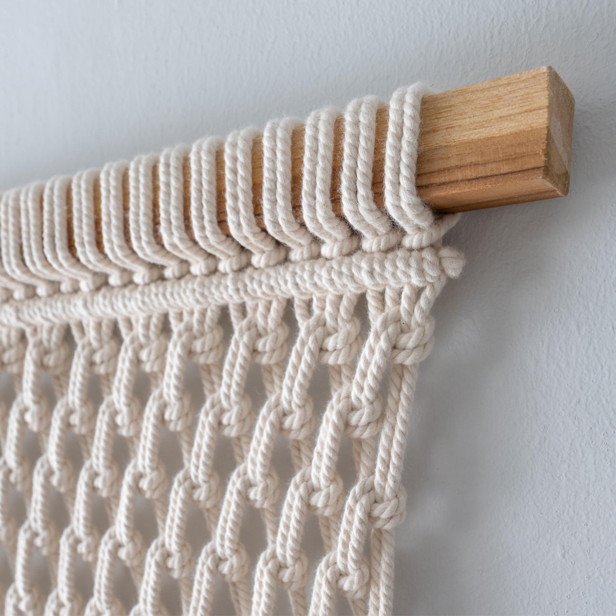 Extra Large Neutral Macrame Wall Art – Handmade Woven Tapestry with Teak Wood Bar, Textured Bohemian Wall Decor for Bedroom or Living Room