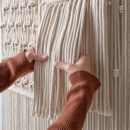 Extra Large Neutral Macrame Wall Art – Handmade Woven Tapestry with Teak Wood Bar, Textured Bohemian Wall Decor for Bedroom or Living Room