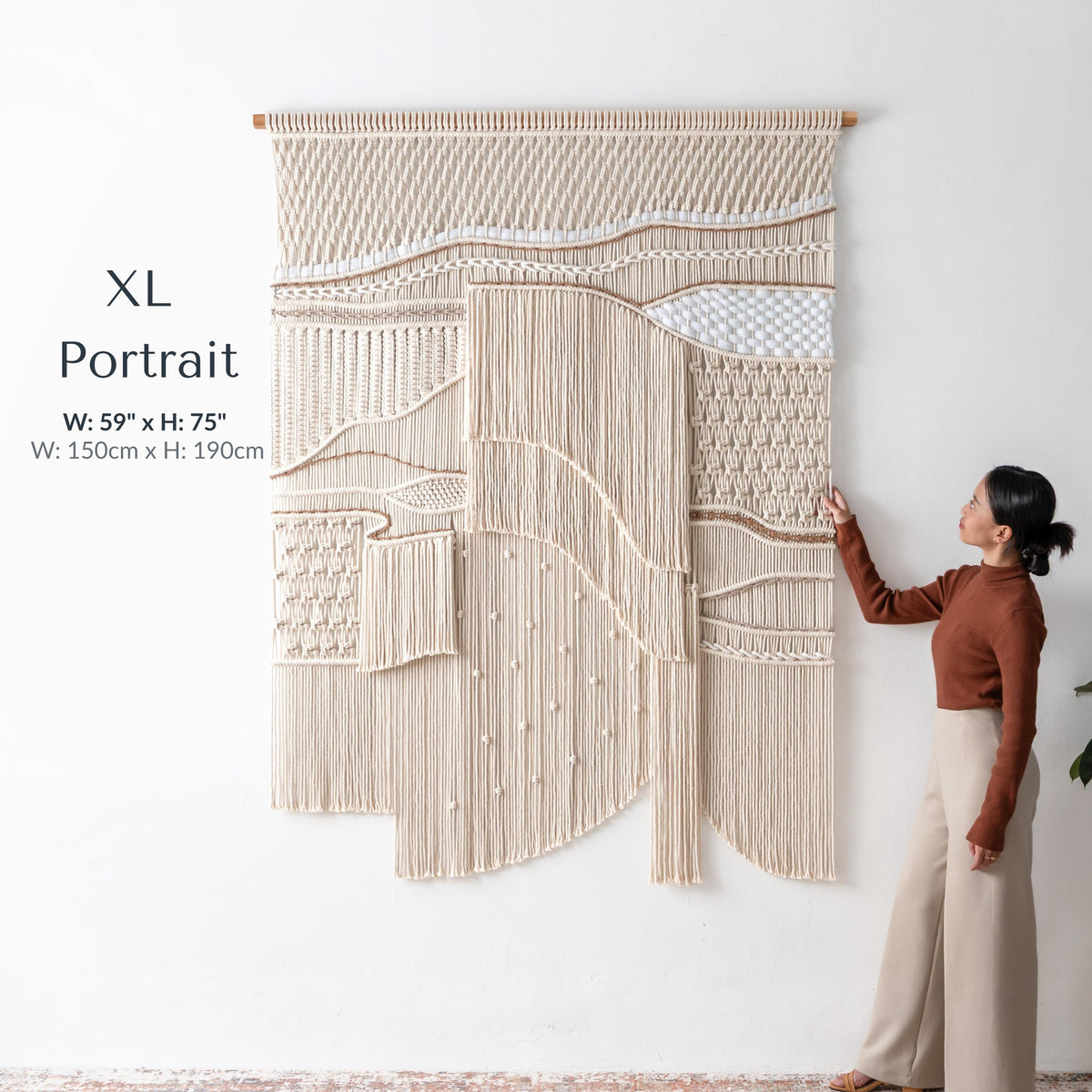 Extra Large Neutral Macrame Wall Art – Handmade Woven Tapestry with Teak Wood Bar, Textured Bohemian Wall Decor for Bedroom or Living Room