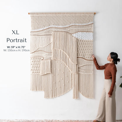 Extra Large Neutral Macrame Wall Art – Handmade Woven Tapestry with Teak Wood Bar, Textured Bohemian Wall Decor for Bedroom or Living Room