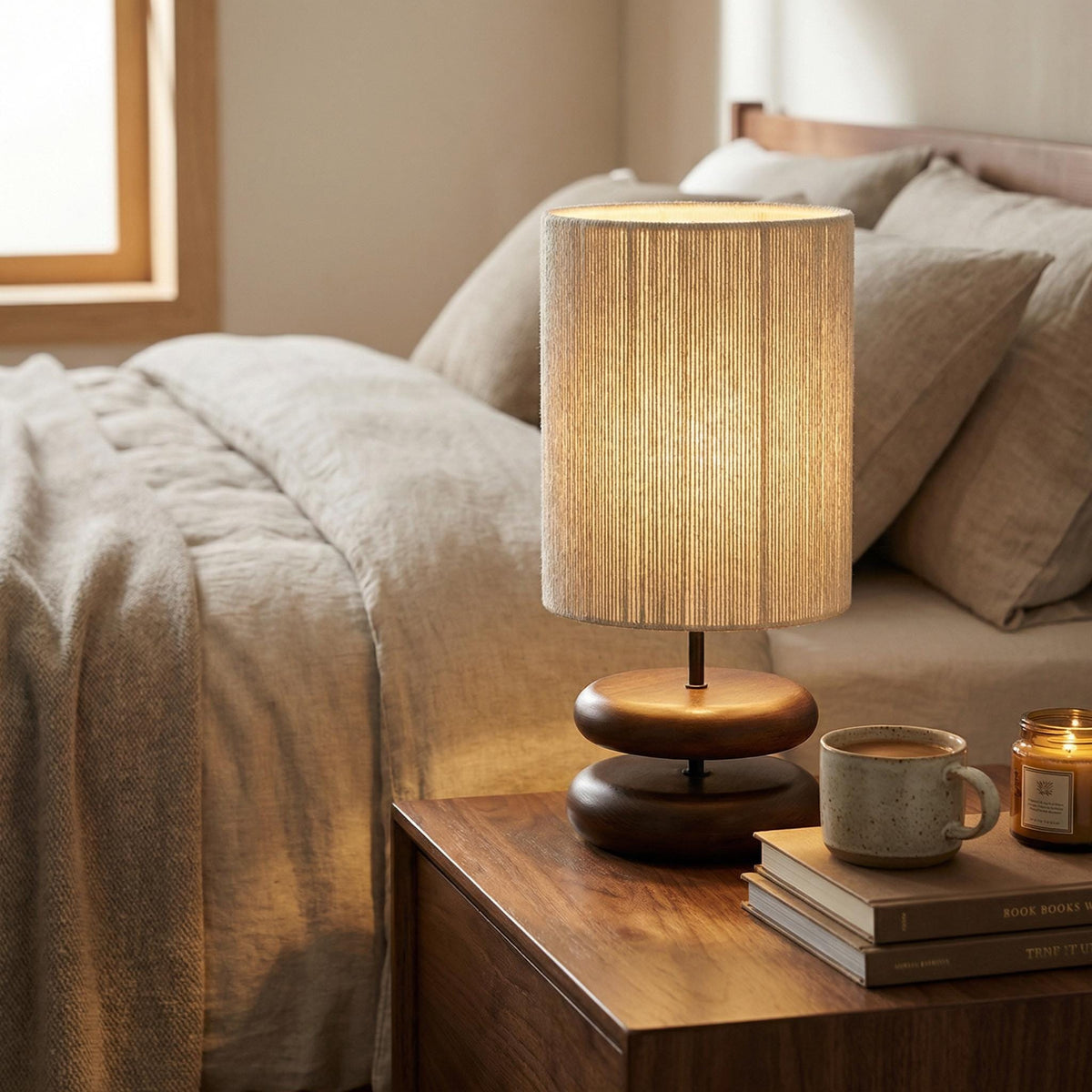 Wabi Sabi Walnut Table Lamp – Solid Wood Japanese Bedside Light, Minimalist Decor