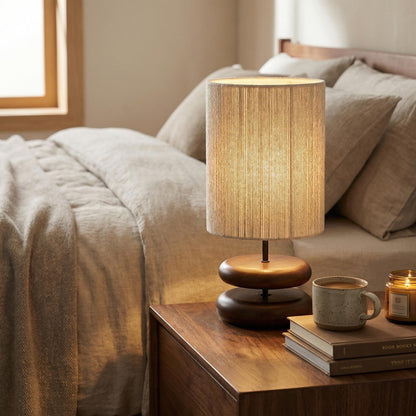 Wabi Sabi Walnut Table Lamp – Solid Wood Japanese Bedside Light, Minimalist Decor