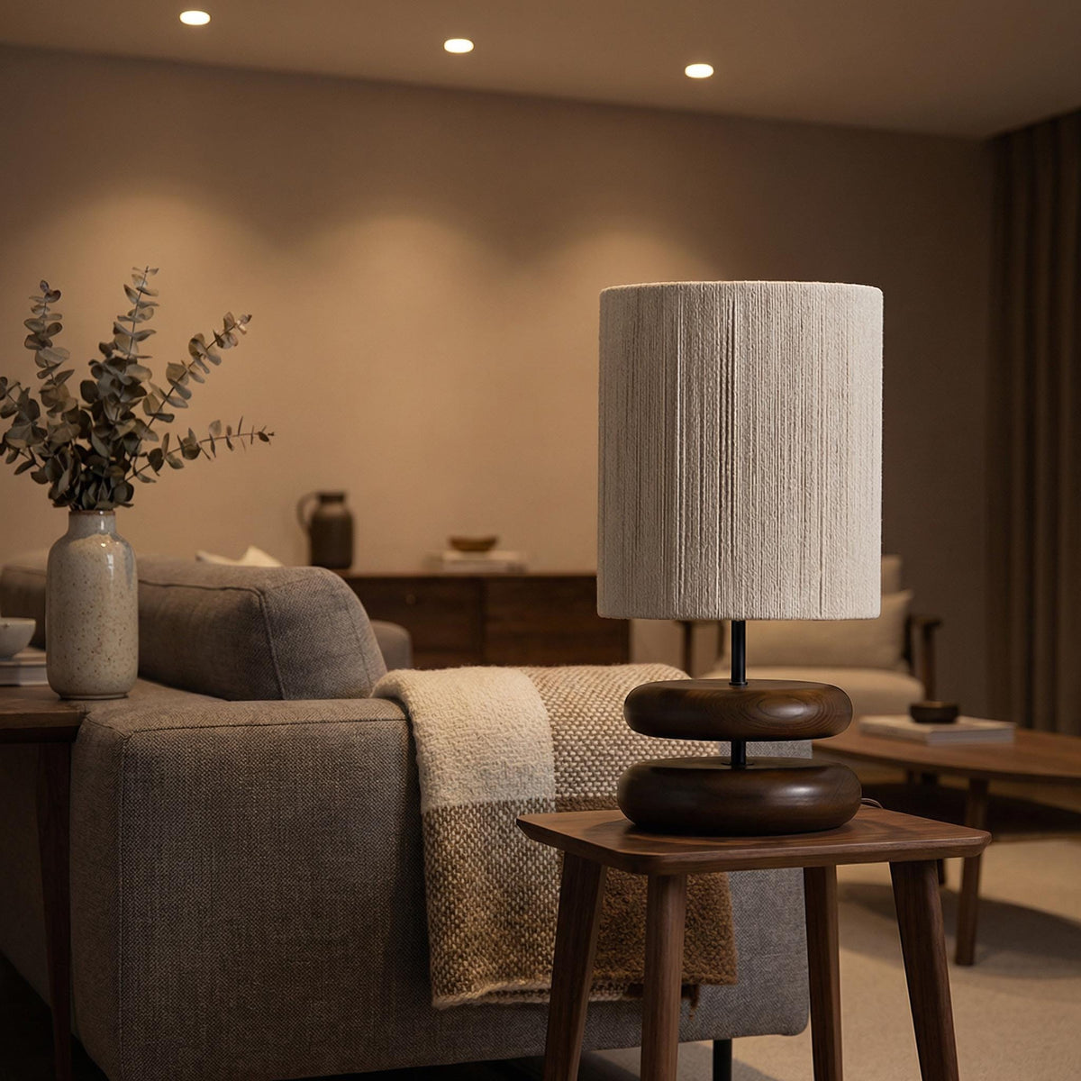 Wabi Sabi Walnut Table Lamp – Solid Wood Japanese Bedside Light, Minimalist Decor