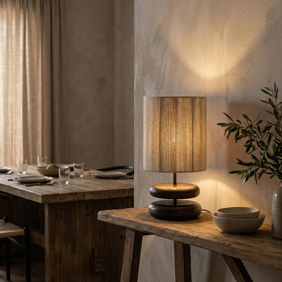 Wabi Sabi Walnut Table Lamp – Solid Wood Japanese Bedside Light, Minimalist Decor