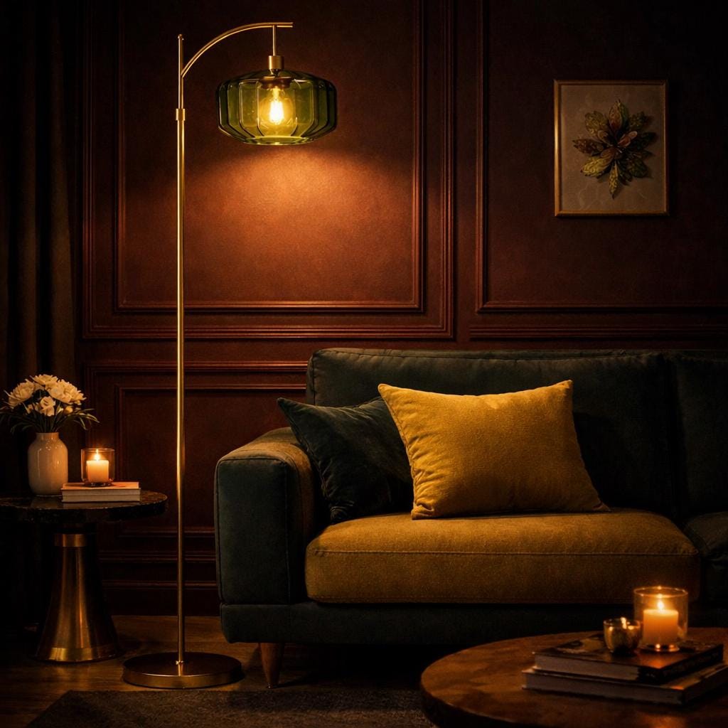 Dimmable Mid Century Modern Standing Lamp - Gold base with Green Glass Shade - customizable