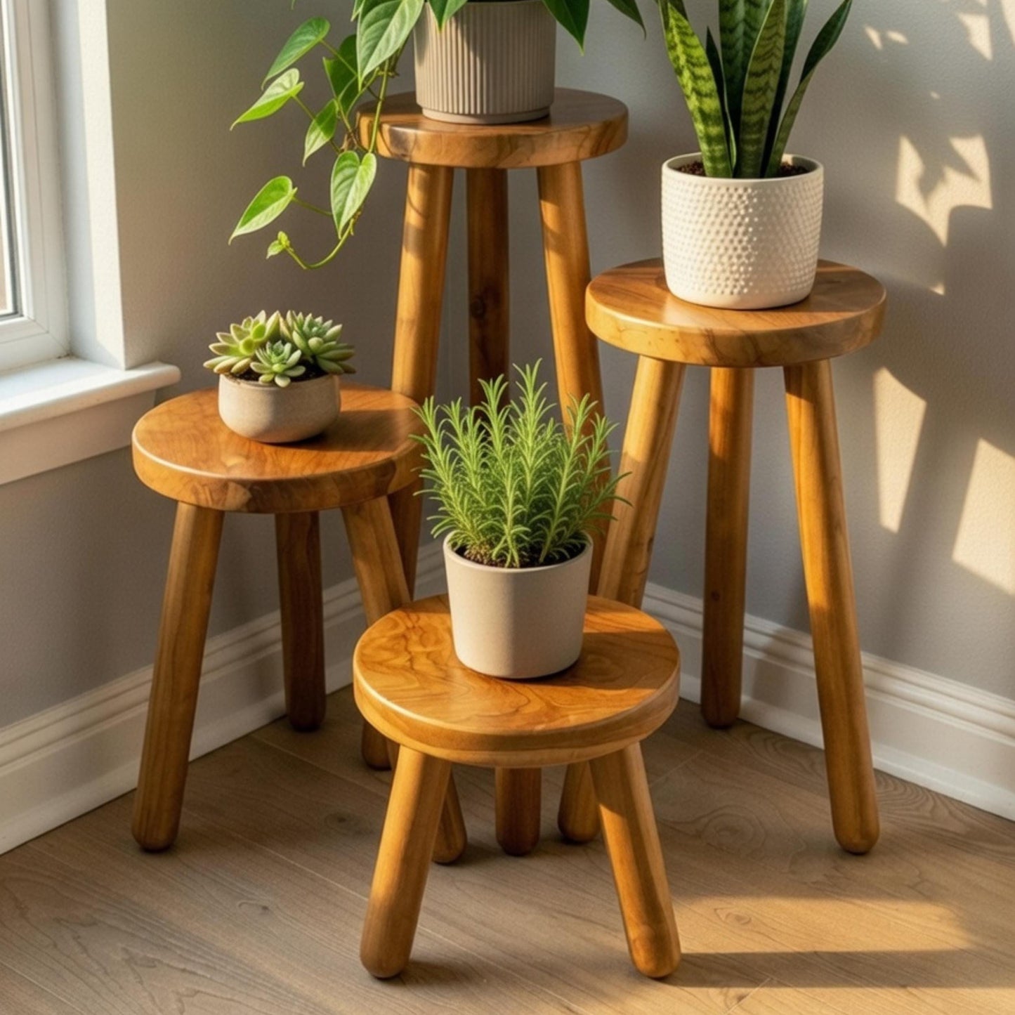 Handmade Teak Plant Stand – Round Wooden Stool for Indoor Plants