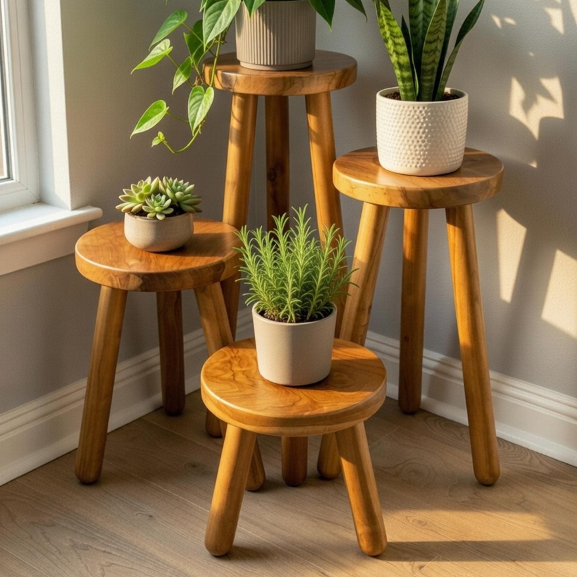 Handmade Teak Plant Stand – Round Wooden Stool for Indoor Plants