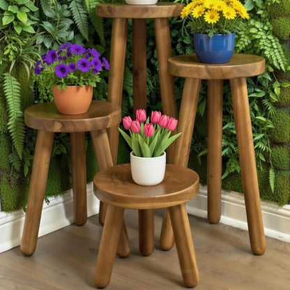 Handmade Teak Plant Stand – Round Wooden Stool for Indoor Plants