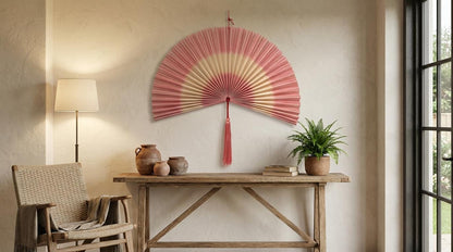 Handwoven Bamboo Wall Fan with Pink Tassel Decor
